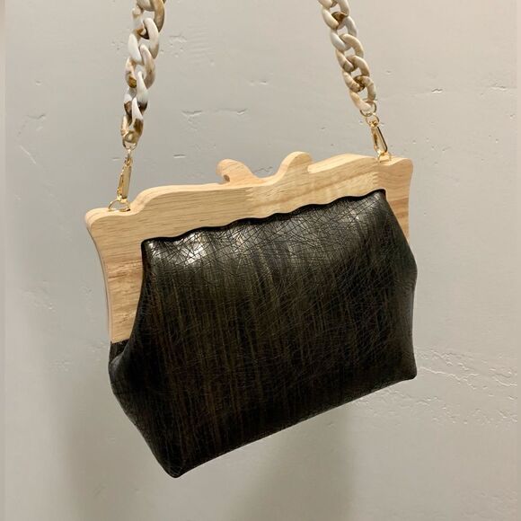 Handmade Genuine Cowhide Embossed  Leather Wooden Frame Purse & 2 Strap Styles - Picture 8 of 15